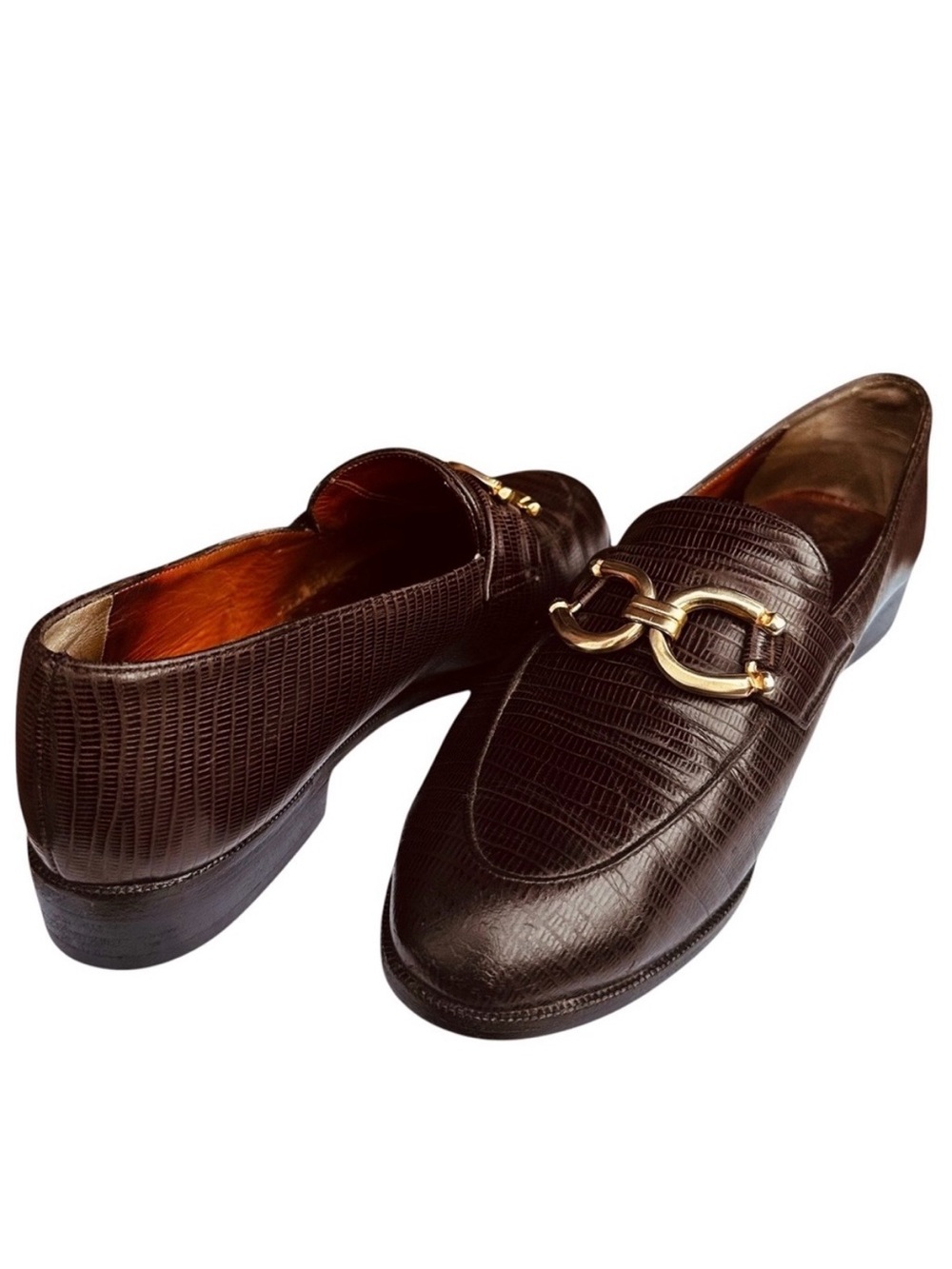 Robert Clergerie Brown Loafers Faux Lizard Skin Embossed Leather 6 1/2 M Vintage